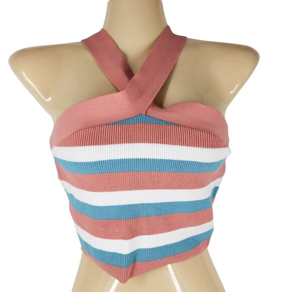 Babaton Halter Top Womens Stripe Pink Blue White Nylon Elastane S - Picture 1 of 6